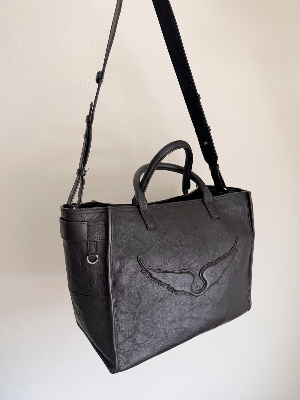 Zadig & Voltaire Black Leather Tote with Wing Emblem